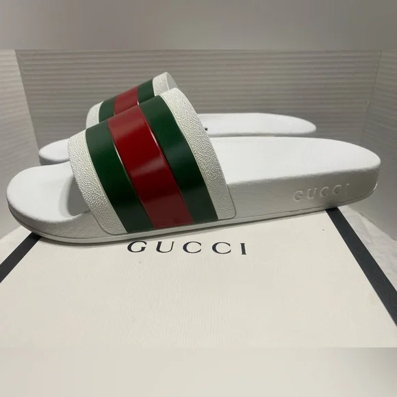 MENS SZ 9UK/10US GUCCI SIGNATURE STRIPE SLIDE SANDALS in WHITE Gucci Web Slide Sandal White Men main image 3